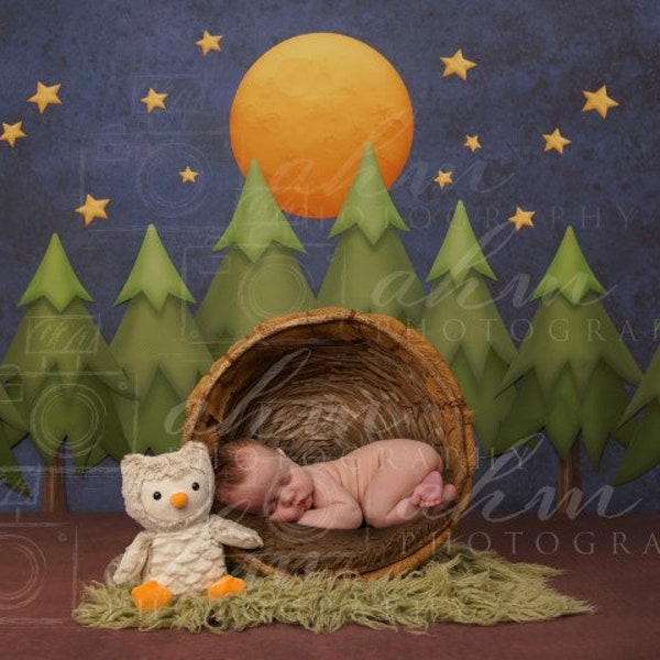 Newborn Digital Backdrop Owl Camping Forest Trees Moon Night Baby Boy Girl Composite Background Sale