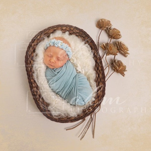 Newborn Digital Backdrop Boho Chic Natural Simple Wooden Flowers Top View Basket Prop Background Composite Instant Download.