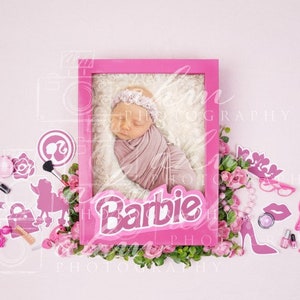May include: A pink and white Barbie-themed newborn photography prop set. The set includes a pink frame with the word "Barbie" in white letters, a pink and white crown, a pink and white poodle, a pink and white makeup set, and a pink and white rose.