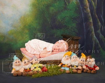 Fondo digital recién nacido enanos enanos Blanco nieve princesa Bosque bebé niña cama prop fondo. ¡Un accesorio único!