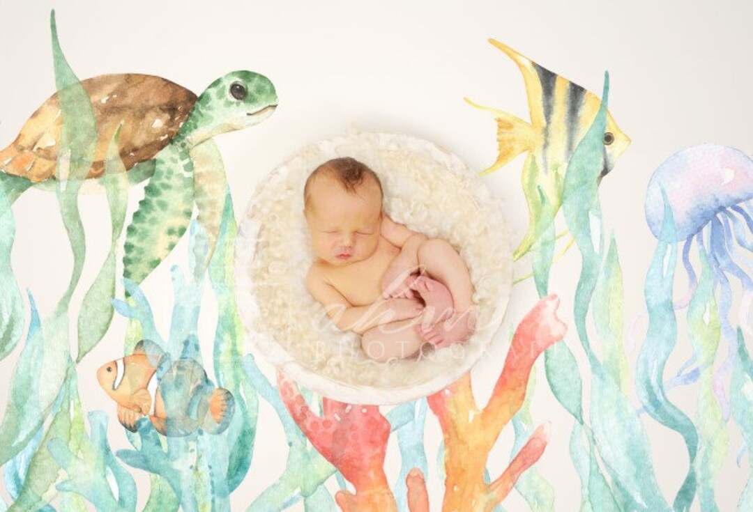 Ocean Beach Water Fish Newborn Digital Backdrop Baby Boy Girl Composite ...