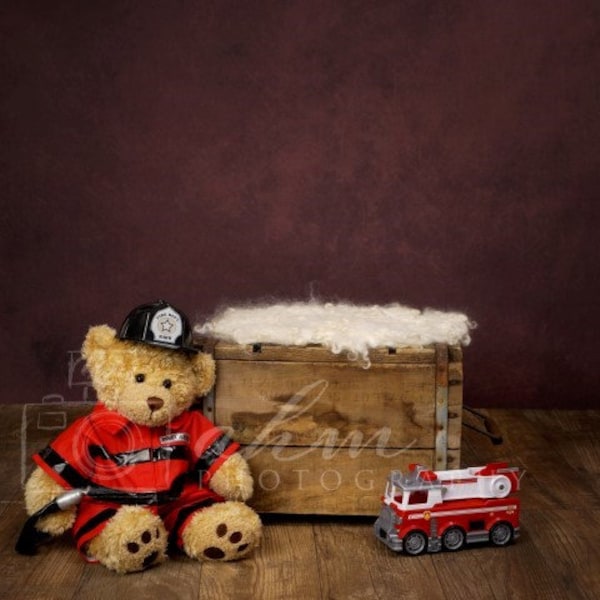 Fireman Teddy Bear Newborn Digital Backdrop Firetruck Chief Baby Boy Composite Background Sale