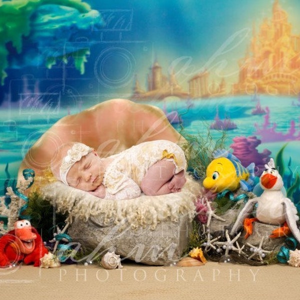 Newborn Digital Backdrop Mermaid Princess Ariel Ocean Seashell Composite Baby Girl Sale