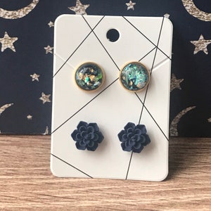 Dark Blue Succulent and Iridescent Galaxy Gold Stud Earring Set