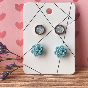 Sky Blue Succulent and Druzy Rose Gold Stud Earring Set