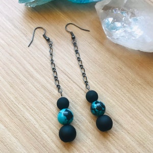 Matte Black and Turquoise Drop Dangle Earrings Handmade