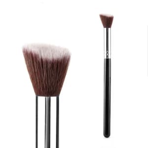 May include: Two makeup brushes are shown against a white backdrop. One brush has a fan-shaped head with brown and white bristles. The other brush has a slanted head with brown and white bristles and a black handle. Both brushes have silver metal ferrules.
