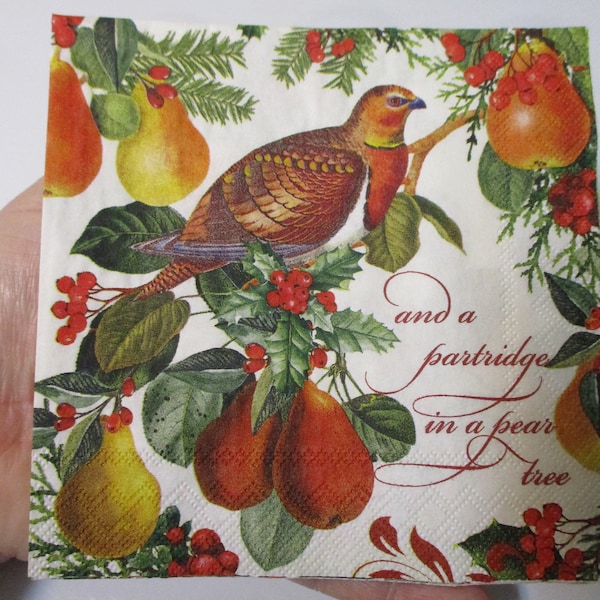 2-And A Partridge In A Pear Tree Cocktail Decoupage Napkins-Christmas Decoupage Napkins
