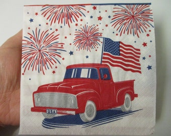 2 Decoupage July 4th Red Truck and Flag Cocktail-Beverage Napkins-Decoupage Napkins