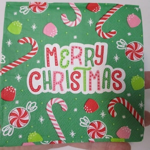 Merry Christmas Candy Green Cocktail Decoupage Napkins-Christmas Decoupage Napkins-Gumdrop Decoupage Napkins-Candy Cane Decoupage Napkins