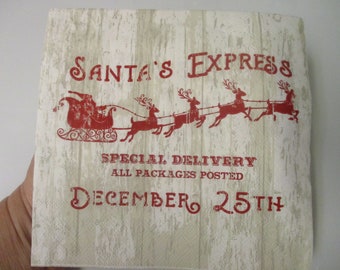 2-Santa&#39;s Express Sleigh and Reindeer Luncheon Decoupage Napkins-Christmas Decoupage Napkins-Twas The Night Before Christmas Napkins