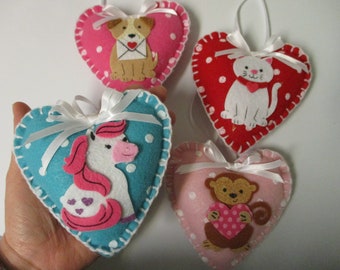 Set of 4 Animal Heart Felt Valentine Ornaments-Felt Valentine Ornaments-Valentine Decor