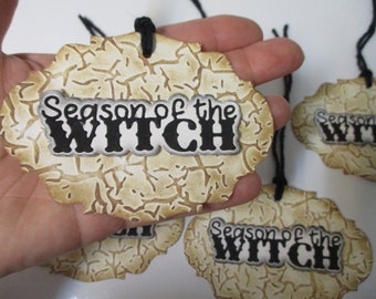 5-Large Season Of The Witch Crackled Embossed Tags-Halloween Tags-Handmade Halloween Tags