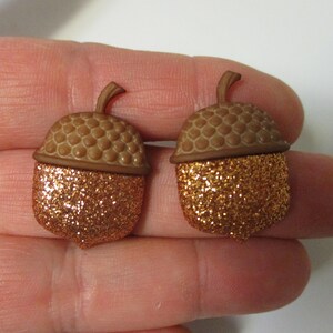 May include: Two acorn-shaped embellishments. The top portion is a textured brown, while the bottom is covered in copper-colored glitter. Each acorn has a small, curved stem. These decorative elements are ideal for fall-themed crafts.