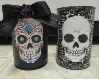 Set of 2 Sugar Skull Decoupage Cans-Halloween Decor-Crackled Cans