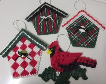 Christmas Ornaments-Completed Plastic Canvas Bird House and Cardinal Christmas Ornament Set