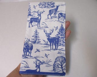 2-Blue Deer Guest Towel Decoupage Napkins-Christmas Decoupage Napkins-Christmas Collage Napkins