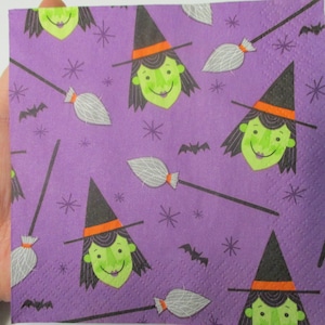 2-Witch and Witch Broom Cocktail Decoupage Napkins-Halloween Decoupage Napkins-Retro Witch Napkins image 1