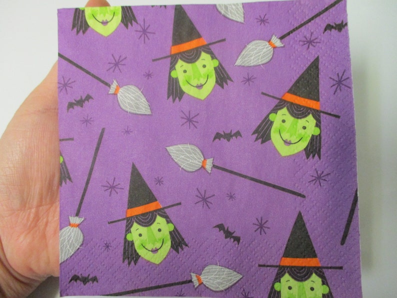 2-Witch and Witch Broom Cocktail Decoupage Napkins-Halloween Decoupage Napkins-Retro Witch Napkins image 1