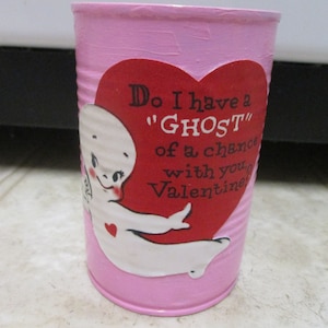Valentine&#39;s Day Decoupage Tin Can-Upcycled Decoupage Can-Do I Have A Ghost Of A Chance With You Valentine Can-Retro Valentine Can