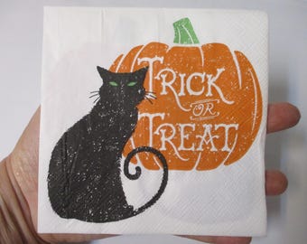 2-Trick Or Treat Black Cat Cocktail Decoupage Napkins-Halloween Decoupage Napkins-Fall Decoupage Napkins-Black Cat and Pumpkin Napkins