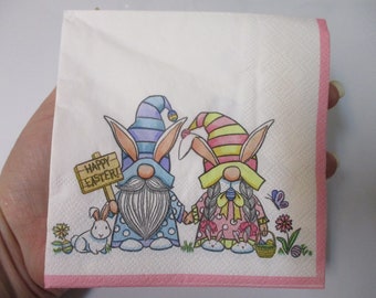 2-Easter Gnomes Cocktail Decoupage Napkins-Easter Decoupage Napkins-Spring Decoupage Napkins-Bunny Gnome Napkins