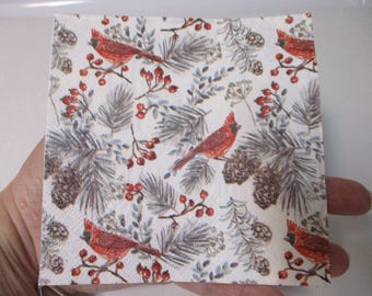 2 serviettes de table cocktail Cardinals et pin - Serviettes de table Noël - Serviettes collage Noël