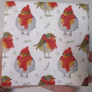 Pode incluir: Guardanapo de papel quadrado branco com um padrão repetido de pássaros. Os pássaros são retratados com chapéus e cachecóis vermelhos, com folhas verdes. Os pássaros têm corpos cinza e brancos.