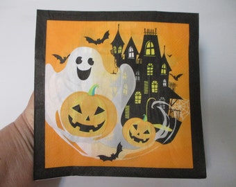 2-Ghost and Haunted House Luncheon Decoupage Napkins-Halloween Decoupage Napkins-Fall Decoupage Napkins-Jack O Lantern Napkins