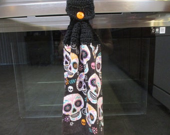 Handmade Crocheted Sugar Skull Halloween Kitchen Towel-Crocheted Halloween Towels-Dia De Los Muertos Decor-Day Of The Dead Decor