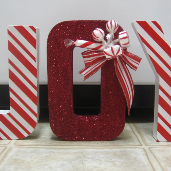 Christmas Decorations-Joy Shelf Sitter-Christmas Shelf Sitter-Paper Mache-Joy Letters-Christmas Paper Mache-Candy Cane Decor-Christmas Decor