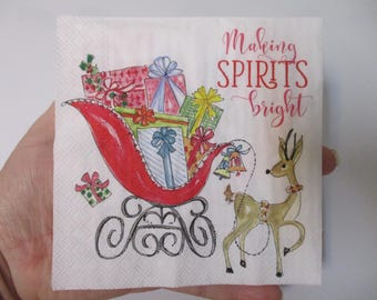 2-Making Spirits Bright Reindeer Sleigh Cocktail Decoupage Napkins-Christmas Decoupage Napkins-Christmas Collage Napkins