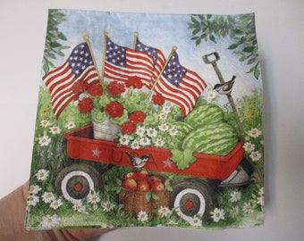 2-July 4th Wagon Luncheon Decoupage Napkins-4th Of July Decoupage Napkins-Patriotic Decoupage Napkins-July 4th Decoupage Napkins