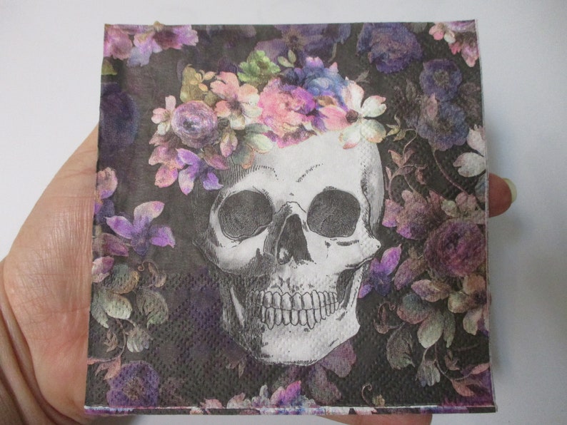 Peut inclure: Un cr&acirc;ne blanc avec une couronne florale de fleurs roses, violettes et vertes sur un fond noir.