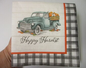 2-Happy Harvest Vintage Blue Truck Luncheon Decoupage Napkins-Fall Decoupage Napkins-Autumn Decoupage Napkins-Thanksgiving Decoupage Napkins