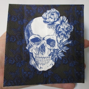 2-Blue Floral Skull Cocktail Decoupage Napkins-Halloween Decoupage Napkins-Sugar Skull Napkins-Fall Decoupage Napkins-Skull Decoupage Napkin