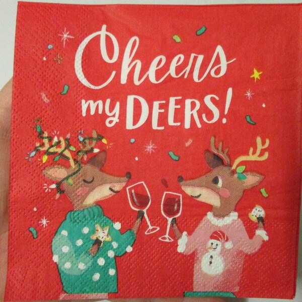2-Single Cheers My Deers Cocktail Decoupage Napkins-Christmas Decoupage Napkins-Pink Christmas Napkins-New Year Decoupage Napkins