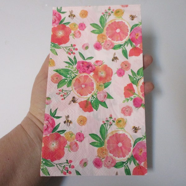 2-Pink Grapefruit Floral Guest Towel Decoupage Napkins-Floral Decoupage Napkins-Fruit Decoupage Napkins-Kitchen Decoupage Napkins