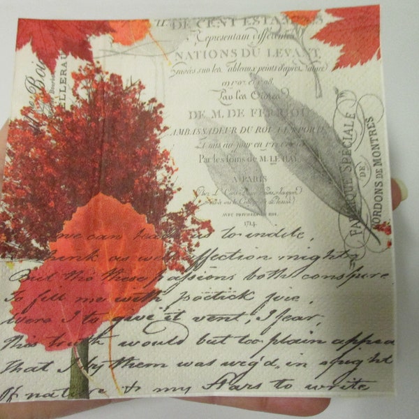 2-Single Red Leaf Script Cocktail Paper Decoupage Napkins-Fall Decoupage Napkins-Thanksgiving Decoupage Napkins-Autumn Decoupage Napkins