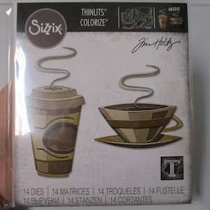 May include: A package of 14 die-cut metal craft dies for creating coffee cup and teacup designs. The dies are designed by Jim Holtz and are part of the Sizzix Thinlits Colorize collection. The package includes the text "14 DIES | 14 MATRICES | 14 TROQUELES | 14 FUSTELLE | 14 ВЫРУБКИ | 14 STANZEN | 14 CORTANTES".
