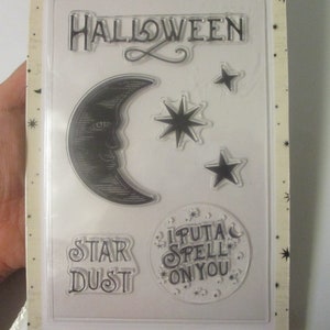 Pink Paislee Spellcast Halloween Cling Stamp Set-Halloween Stamps-I Put A Spell On You Stamp-Moon Face Stamps