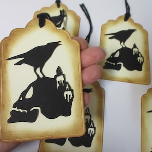 5-LARGE Skull and Raven Halloween Tags-Halloween Tags