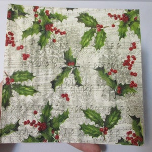 2-Nostalgic Holly Luncheon Decoupage Napkins-Christmas Decoupage Napkins-Holly Decoupage Napkins-Christmas Music Napkins