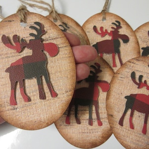 6 LARGE Handmade Buffalo Plaid and Wood Moose Paper Christmas Tags-Rustic Christmas Moose Tags-Lumberjack Party Tags-Christmas Tags