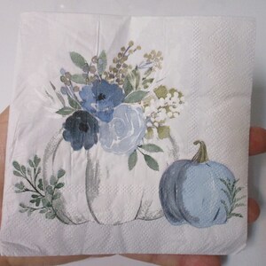 2-Blue and White Floral Pumpkin Cocktail Decoupage Napkins-Fall Decoupage Napkins-Autumn Decoupage Napkins-Thanksgiving Decoupage Napkins