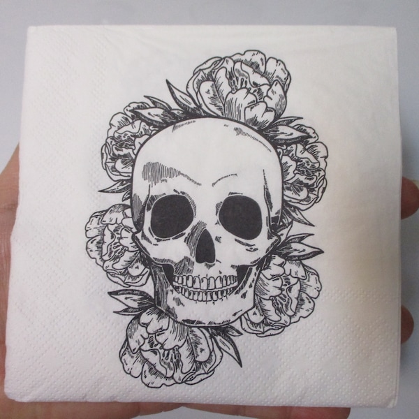 2-Floral Skull Cocktail Decoupage Napkins-Halloween Decoupage Napkins-Fall Decoupage Napkins