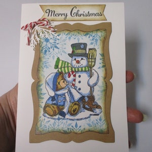 Snowman With Teddy Bear Handmade Christmas Card-Christmas Cards-Handmade Snowman Card