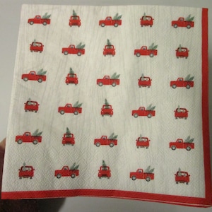 2-Single Tiny Red Truck Luncheon Decoupage Napkins-Christmas Decoupage Napkins-Retro-Vintage Red Christmas Truck Napkins