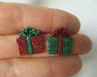 FREE SHIPPING! Glitter Christmas Present Stud Earrings-Christmas Earrings-Red and Green Present Earrings-Present Earrings