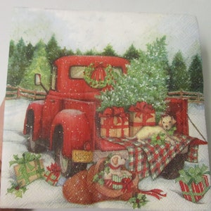 2-Vintage-Retro Red Christmas Truck Luncheon Decoupage Napkins-Christmas Decoupage Napkins-Christmas Delivery Napkins-Old Red Truck Napkins